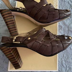 Michael Kors chocolate brown open toe shoe.
